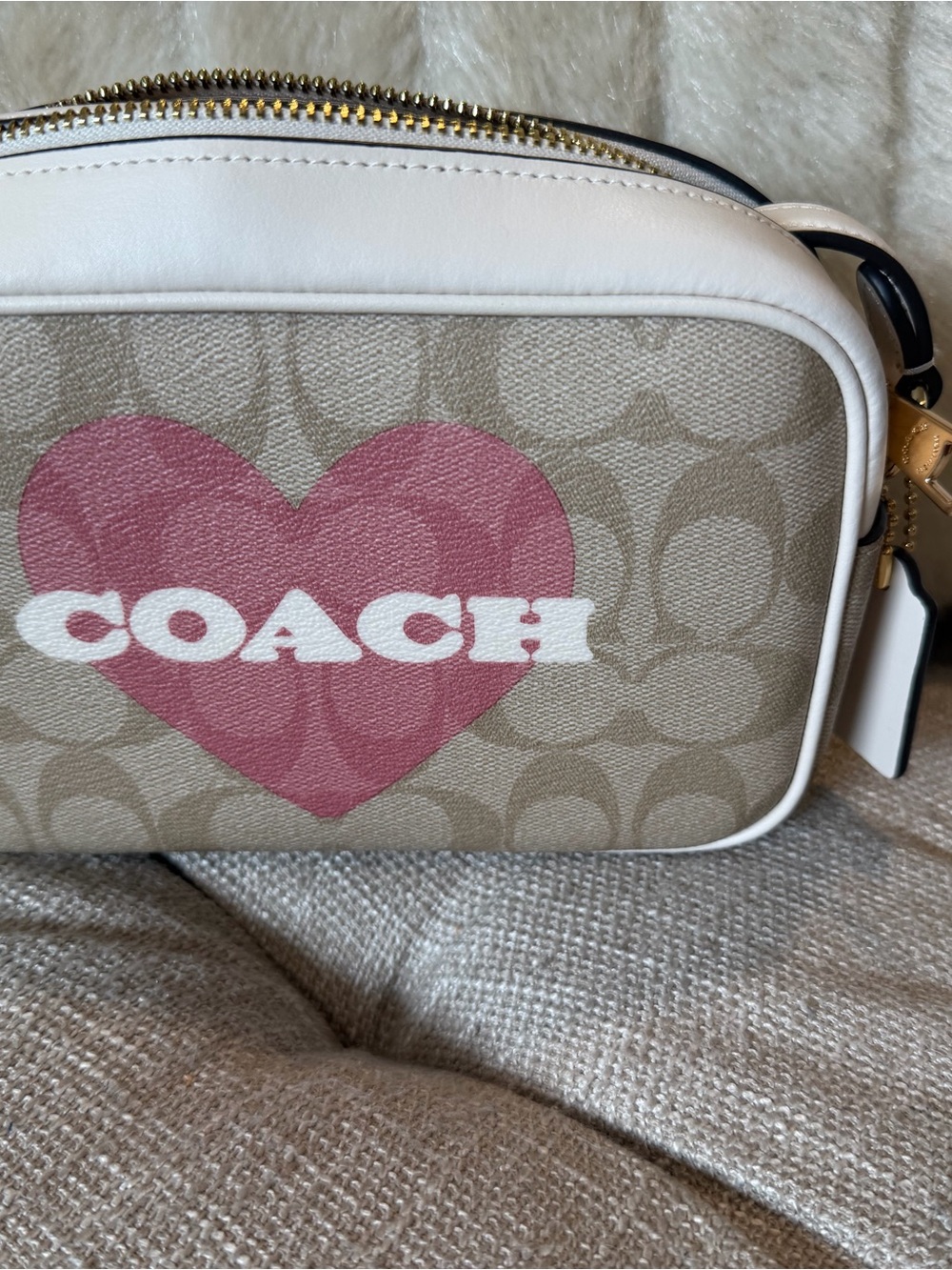Coach Beige Signature Crossbody with Pink Heart and White Trim